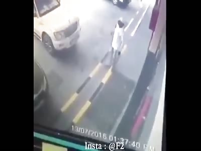 DRIVER HITS GAS AND CRUSH A MAN (2 Angles)