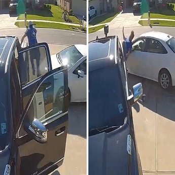 MAN NARROWLY SCAPES OUT OF CONTROL CAR IN DRIVEWAY