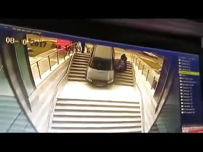 Woman confuses stairs with parking ramp