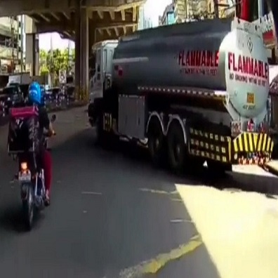 Filipino Bicyclist Flattened By Oil Tanker (CCTV + Helmet Cam)