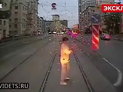 Older Russian tram driver runs over someone.
