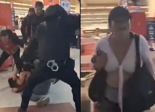 Woman defend young man against four security guards 