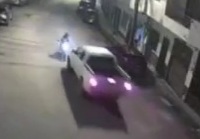 Stupid motorcyclist crushed into spending car