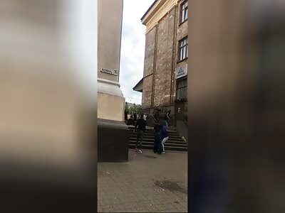 One guy gets knocked out by a chair. In Lithuania, Vilnius.