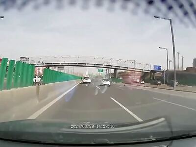 Dashcam: Car smashes into man standing in the middle of the highway. 
