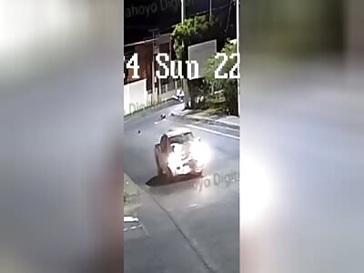 Biker smashes into side of truck and does triple frontflip. 