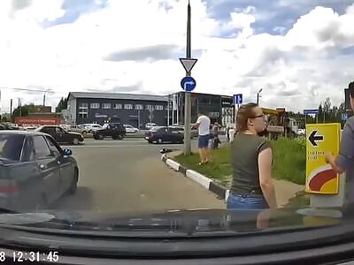 Girl On Bicycle Making Right Turn on Street Is Run Over by Crane