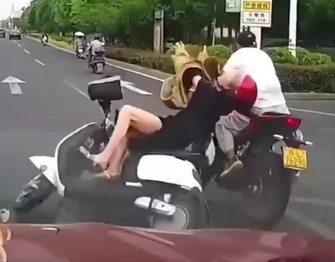 Stupid Chinese girl on moped crashed by speeding motorcycle 