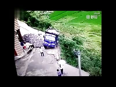 Male jumps for his life as truck falls off mountain