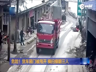 Truck's swinging door hits three riders to ground