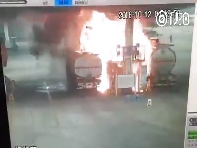 Tanker on fire at gas station