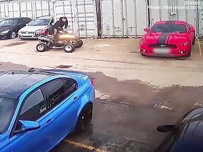 A man tries to park his friend's quad bike but crashes it
