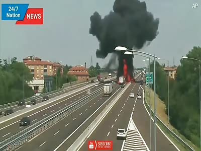CCTV Captures Moment Tanker Truck Explodes In Italy.