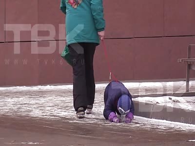 crazy russian granny drag little kid like a dog in the street