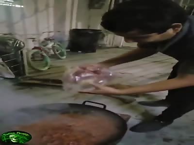 Cooking his face  instead of the meat 