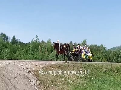 Horse wagon full of peasant Russian women crushed by speeding car 