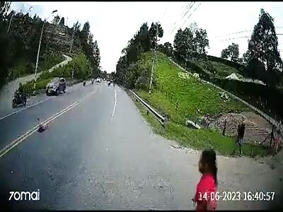 A motorcycle hit save little girl from getting crushed by big truck 