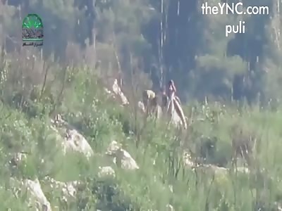 Rebels (Ahrar al-Sham) blowing up a group of Assad forces with ATGM