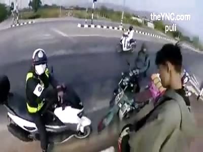 ACCIDENT Exact moment that automobile with motorcyclist