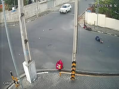 CCTV. Accident car vs motorcyclist.