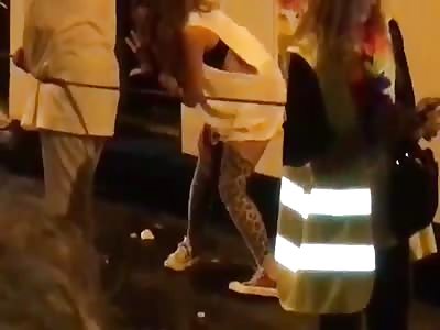 Stinky bitch pees on the street on gay celebration