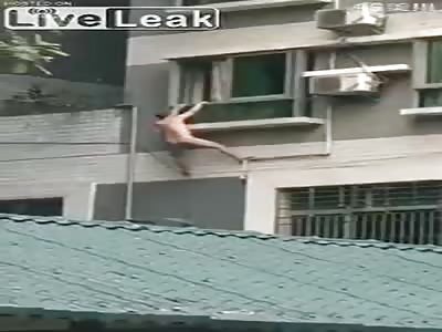 Cheating wife's lover hangs off window in nudity...