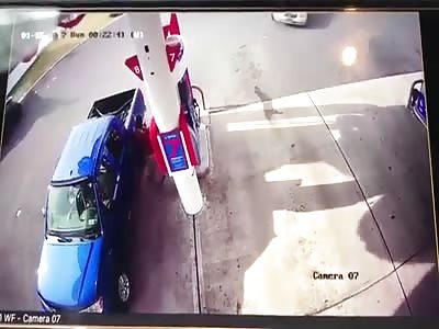 Moment when woman is smashed by car at gas station