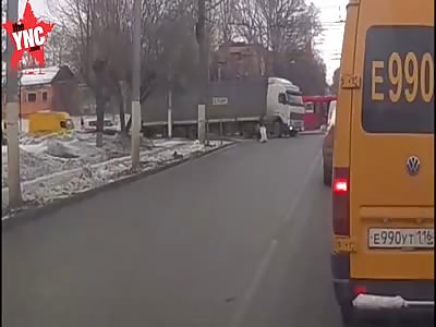 old  Russia man gets curshed by a truck