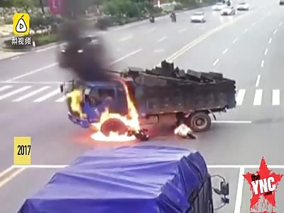 WOW: man drives into a lorry then it bursts into flames