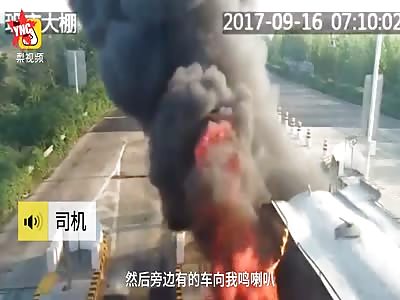 man drives a petrol tanker full of petrol while its on fire[different version]