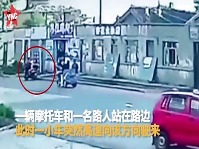  motorcycle man gets crushed by a car n Wuchang, Heilongjiang