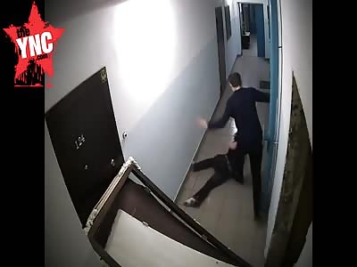 Russian man beats his girlfriend and gets his door fucked up twice