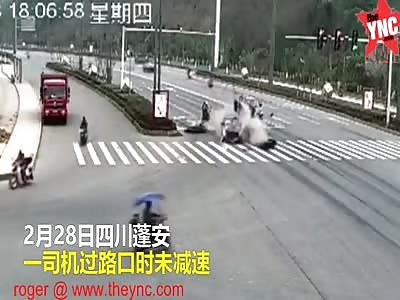 Truck Loses Control Crushes Passers and Bikers by at a Crosswalk