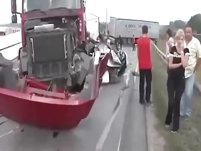 Aftermath of accident with trucks and a Lada.