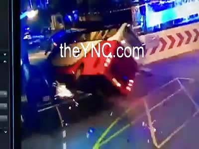 Bus flips onto its side and sets off huge blast of electricity