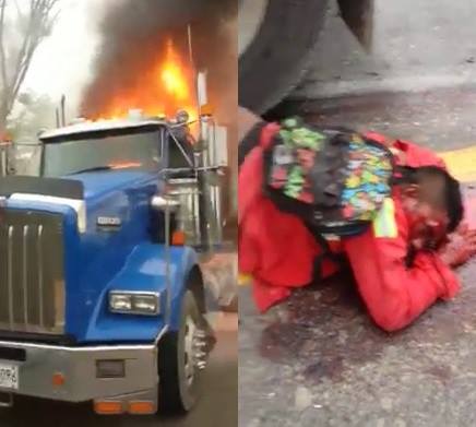 Mans Legs Crushed Under Burning Truck (still alive)