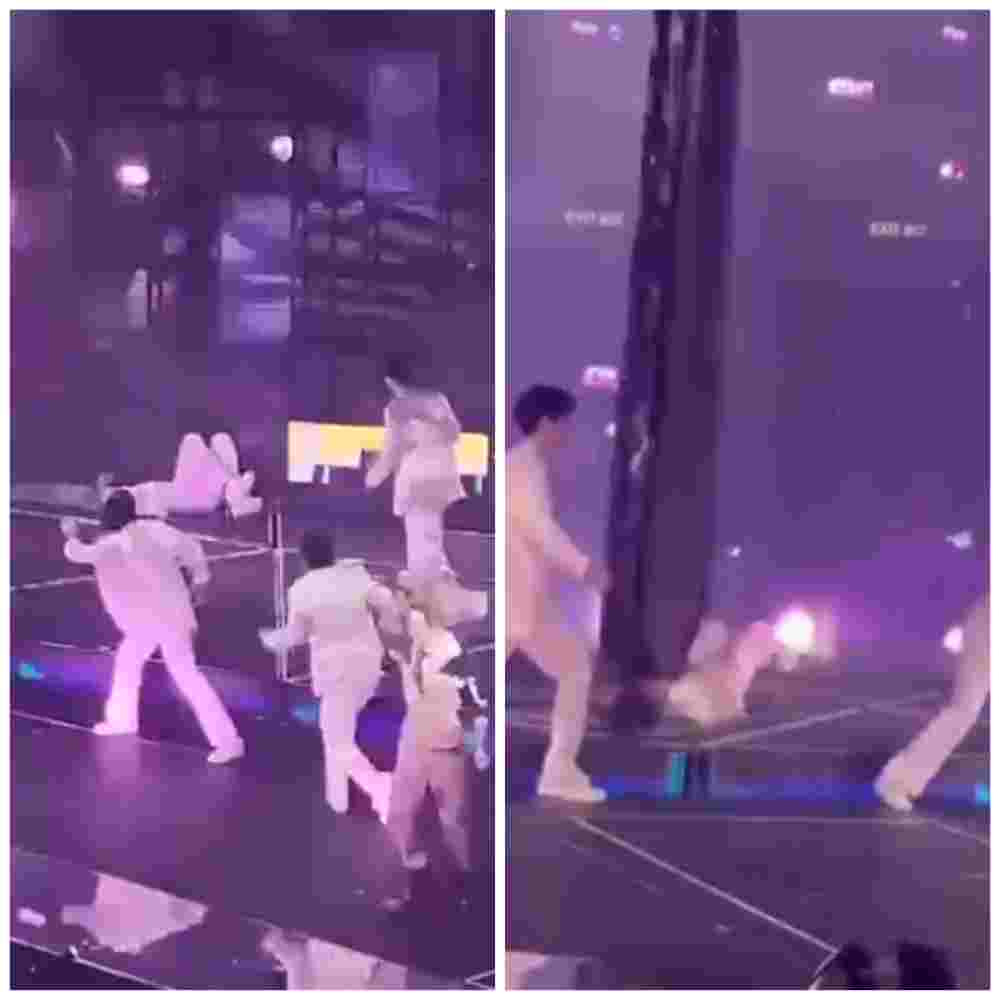 Giant screen crushes dancer in concert (various angles) 