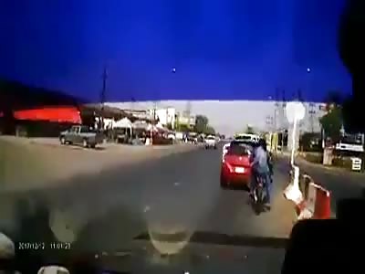 the motorcyclist flies for above of car after of shock