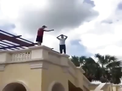 Idiot jumps from a terrace falls and hits his head hard
