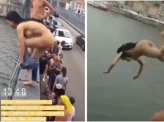 Naked girl jumps from a bridge