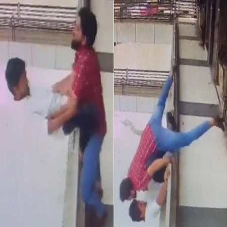 Two Men Fell Down While Having Fun on Railing of Commercial Complex 