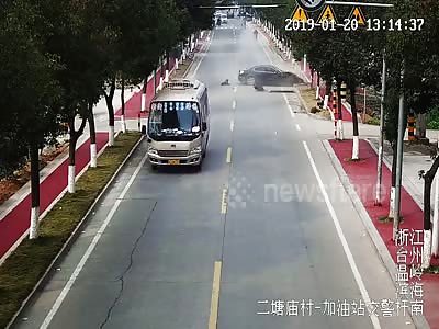 Street sweeper has near miss when out-of-control car smashes....