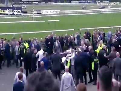 Punches are thrown in a massive brawl at Haydock Park Racecourse