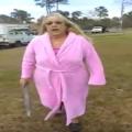 Old lady in pink robe goes CRAZY