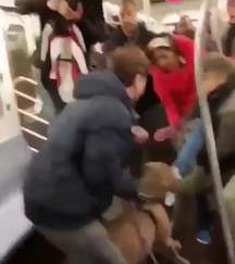 Shocking pit bull attack on New York subway shows crazed animal with jaws LOCKED on woman's foot