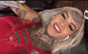 Crazy Tattoo Bitch Goes For Broke on Table.