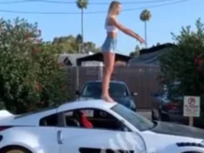Pretty Blonde tries Backflip on Bf's Porsche