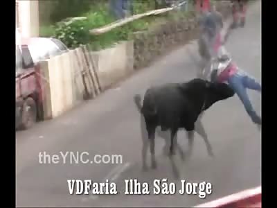 Bull Goes in Relentlessly on One Guy..... Turns Him into a Human Rag Doll