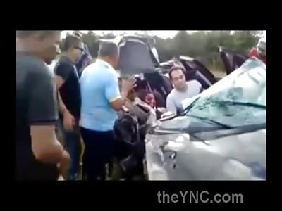 Incredible Video Shows man Literally Unscathed without a Scratch and His Wife in Passenger Seat Bloody and Dead (Subtitles Added