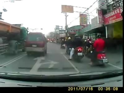 Oblivios Moped Driver Hits Parked Van Then is Ran Over by Car